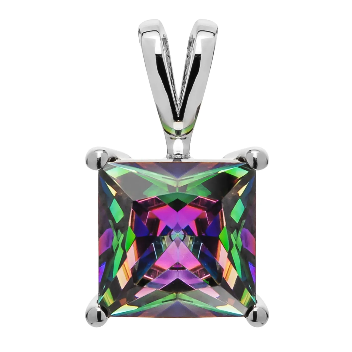 14K Solid White Gold Pendant Only | Princess Cut Rainbow Mystic Cubic Zirconia Solitaire | 2 Carat