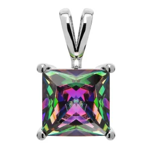 14K Solid White Gold Pendant Only | Princess Cut Rainbow Mystic Cubic Zirconia Solitaire | 2 Carat