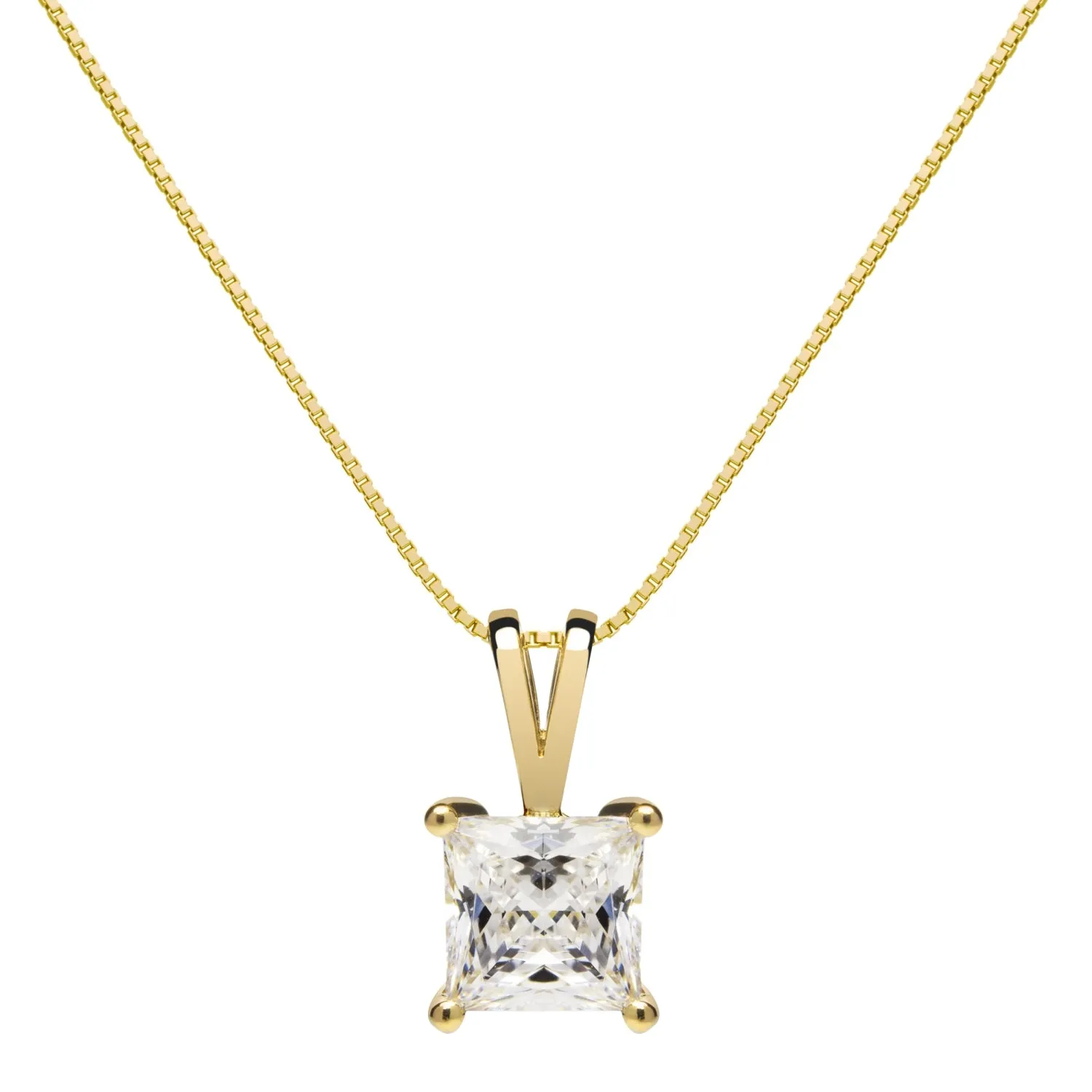 14K Solid Yellow Gold Pendant Necklace | Princess Cut Cubic Zirconia Solitaire | 1 Carat | 18 Inch Box Link Chain