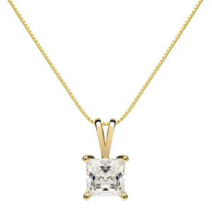 14K Solid Yellow Gold Pendant Necklace | Princess Cut Cubic Zirconia Solitaire | 1 Carat | 18 Inch Box Link Chain