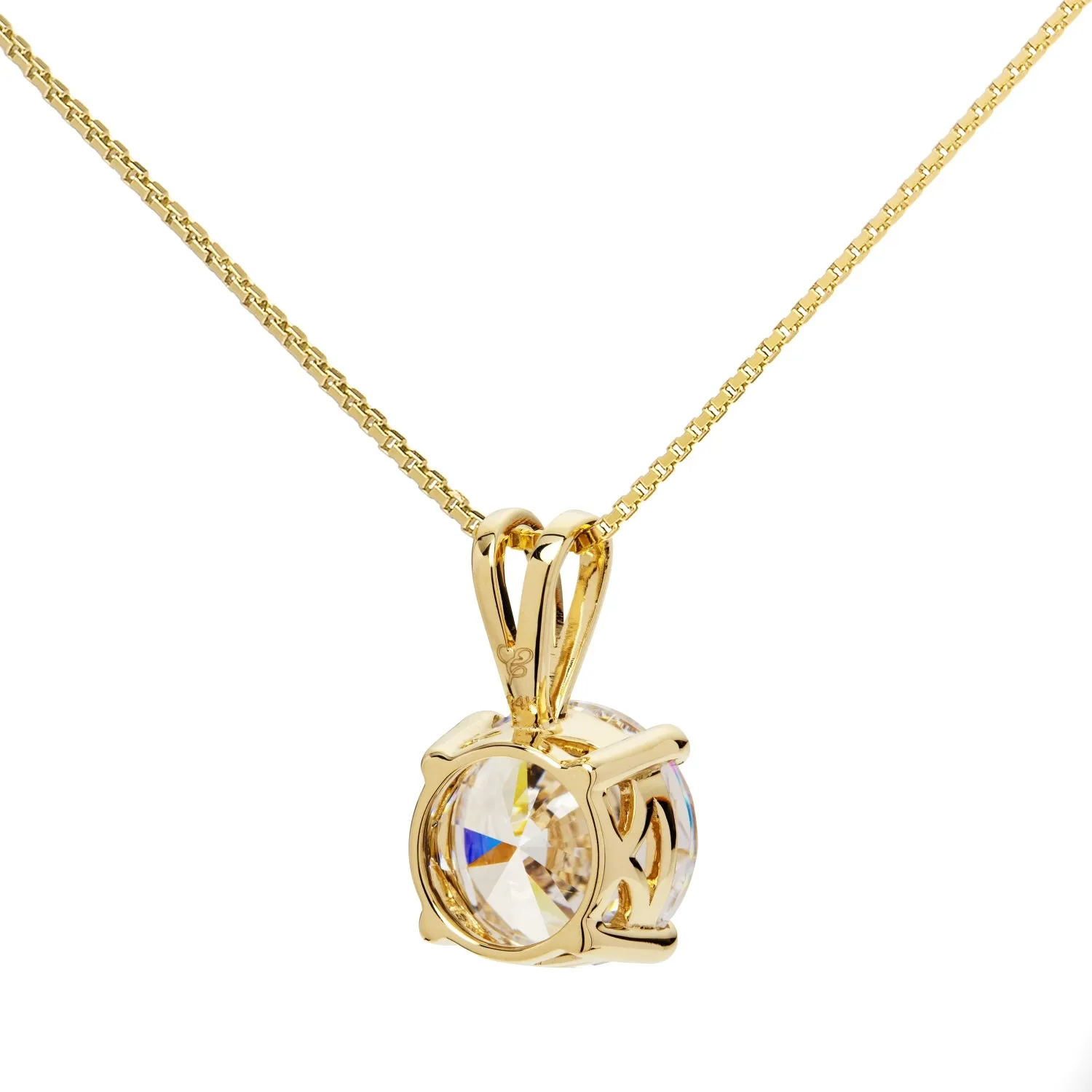 14K Solid Yellow Gold Pendant Necklace | Round Cut Cubic Zirconia Solitaire | 2.0 Carat | 16 Inch .60mm Box Link Chain