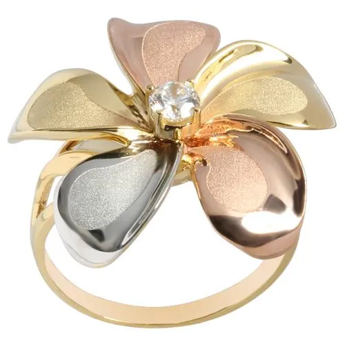 14K Tri-Color Gold Plumeria Ring with CZ Sandblast Polish Edge 23mm