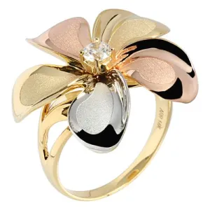 14K Tri-Color Gold Plumeria Ring with CZ Sandblast Polish Edge 23mm