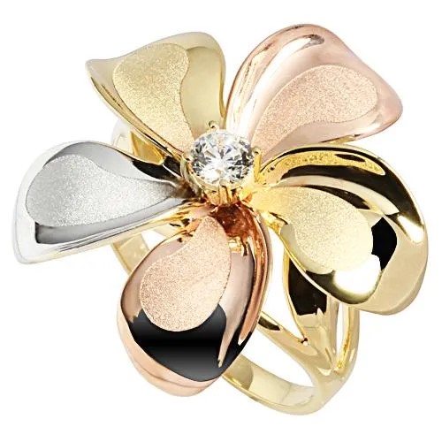14K Tri-Color Gold Plumeria Ring with CZ Sandblast Polish Edge 23mm