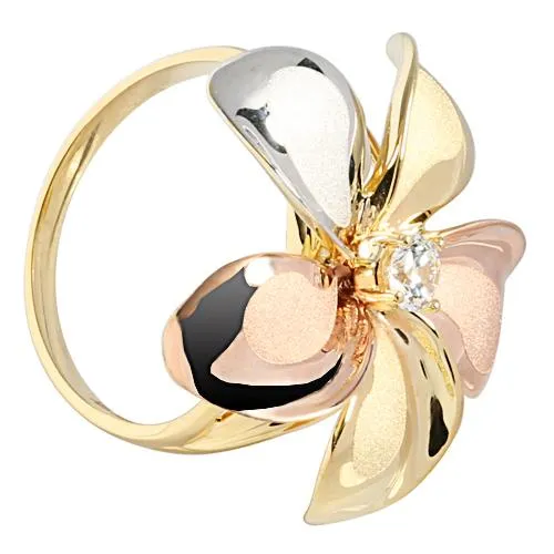 14K Tri-Color Gold Plumeria Ring with CZ Sandblast Polish Edge 23mm