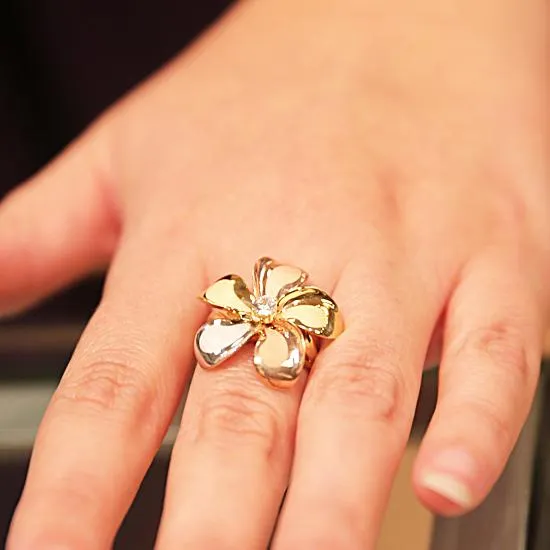 14K Tri-Color Gold Plumeria Ring with CZ Sandblast Polish Edge 23mm