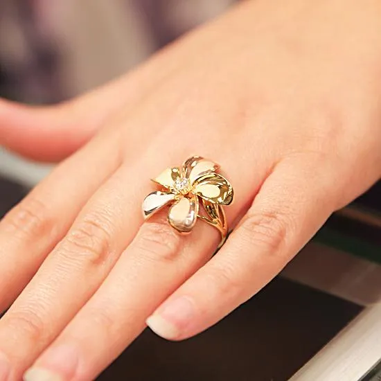 14K Tri-Color Gold Plumeria Ring with CZ Sandblast Polish Edge 23mm