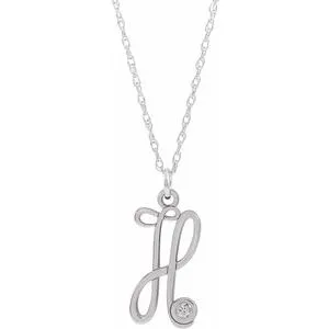 14K White .02 CT Diamond Script Initial H 16-18" Necklace