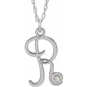 14K White .02 CT Diamond Script Initial R 16-18" Necklace