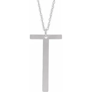 14K White Block Initial T 16-18" Necklace with Brush Finish