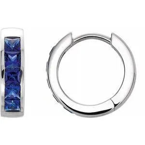 14K White Chatham® Created Blue Sapphire Hoop Earrings