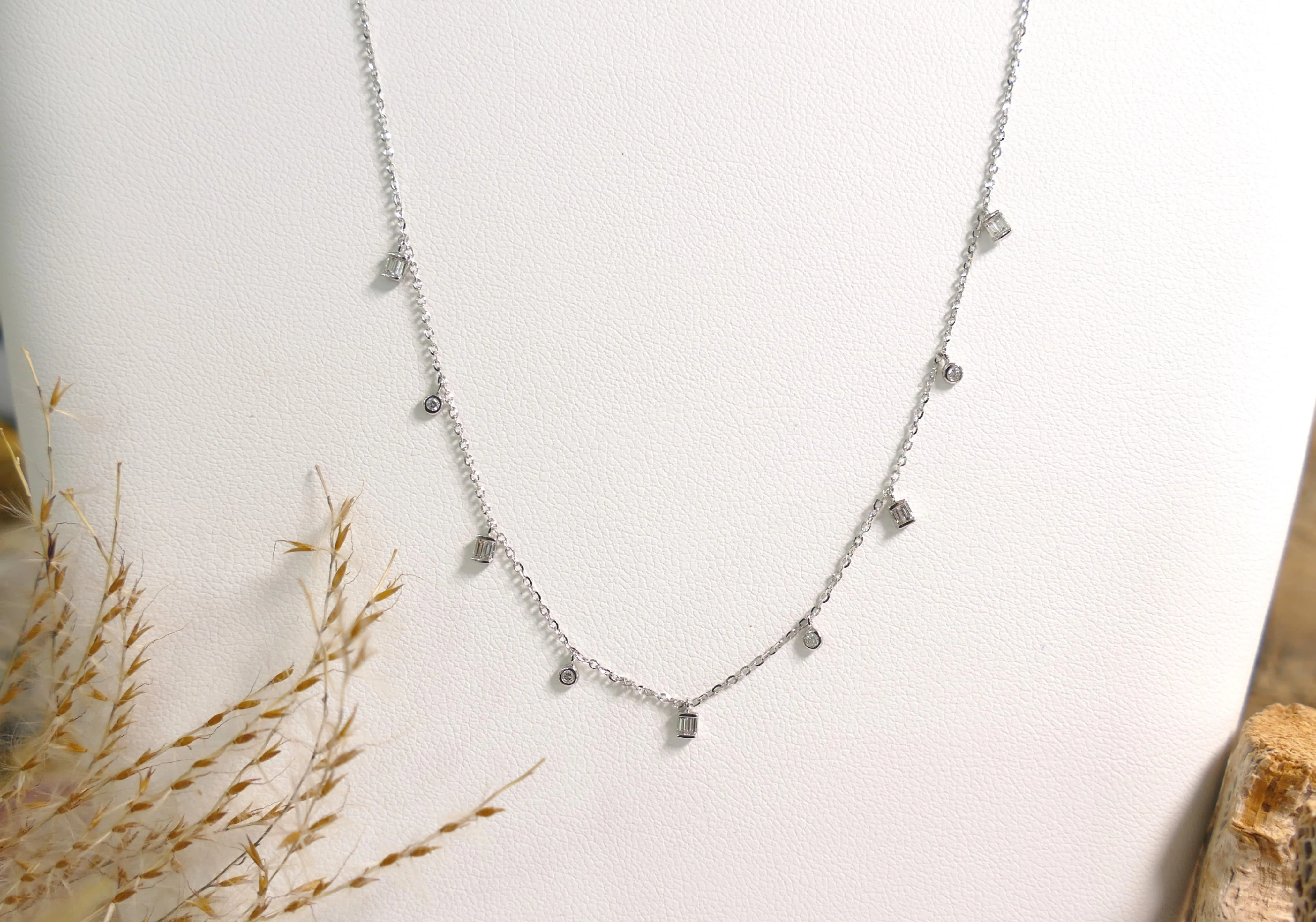 14k White Gold Diamond 0.13ct Round & Baguette Necklace
