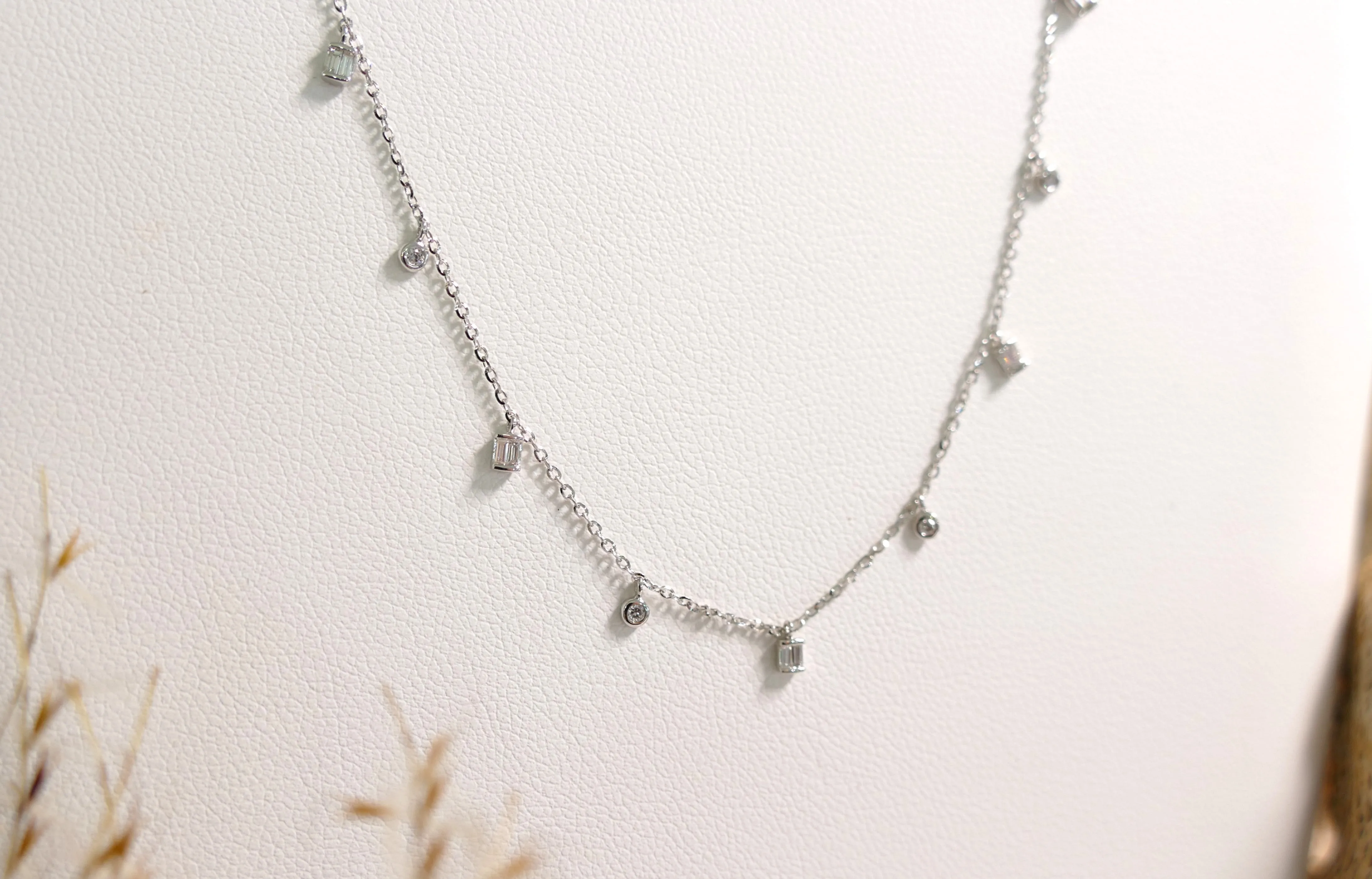 14k White Gold Diamond 0.13ct Round & Baguette Necklace