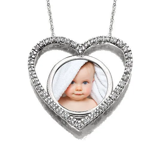 14k White Gold Diamond Heart Photo Pendant Jewelry