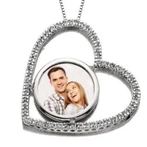 14k White Gold Diamond Heart Photo Pendant Jewelry