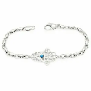 14k White Gold Hamsa Hand of Fatima Charm Bracelet with Turquoise 8" 11 grams