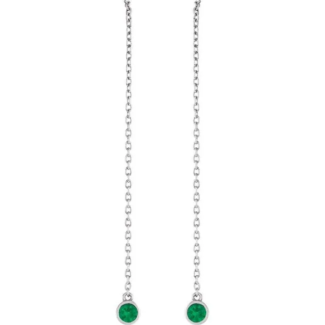 14K White Gold Natural Emerald Chain Earrings