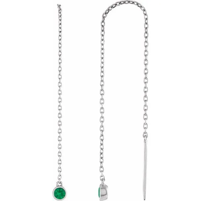 14K White Gold Natural Emerald Chain Earrings