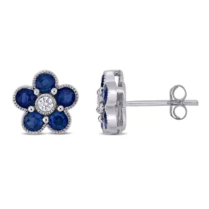 14K White Gold Sapphire Flower Stud Earrings
