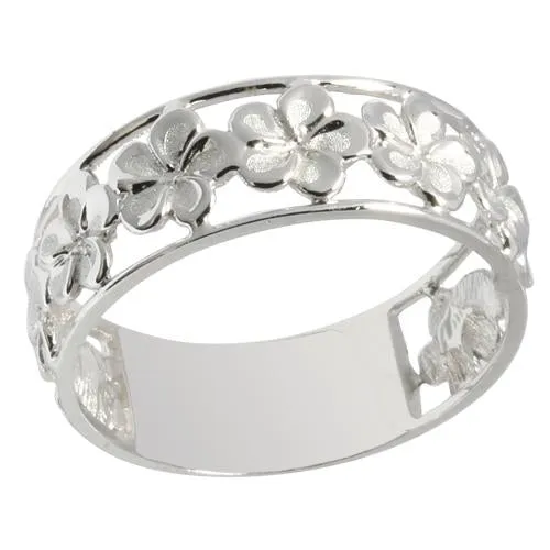 14K White Gold See Through Plumeria Lei Ring Sandblast Polish Edge 7mm