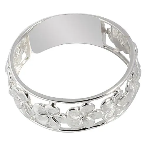 14K White Gold See Through Plumeria Lei Ring Sandblast Polish Edge 7mm