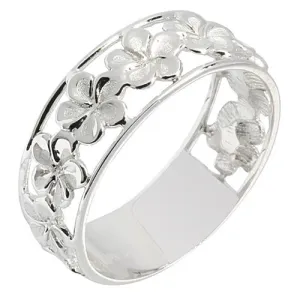 14K White Gold See Through Plumeria Lei Ring Sandblast Polish Edge 7mm