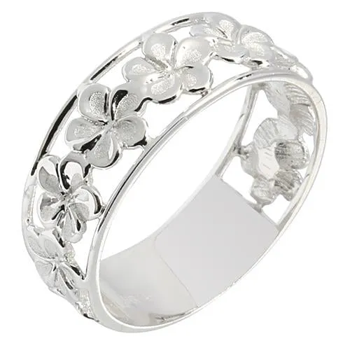 14K White Gold See Through Plumeria Lei Ring Sandblast Polish Edge 7mm