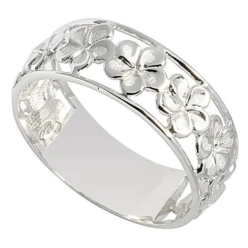 14K White Gold See Through Plumeria Lei Ring Sandblast Polish Edge 7mm