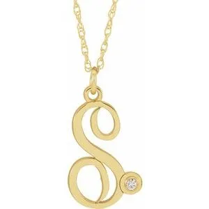 14K Yellow .02 CT Diamond Script Initial S 16-18" Necklace