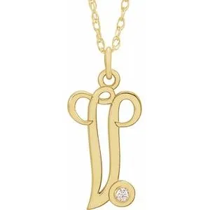 14K Yellow .02 CT Diamond Script Initial V 16-18" Necklace