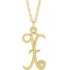 14K Yellow .02 CT Diamond Script Initial X 16-18" Necklace