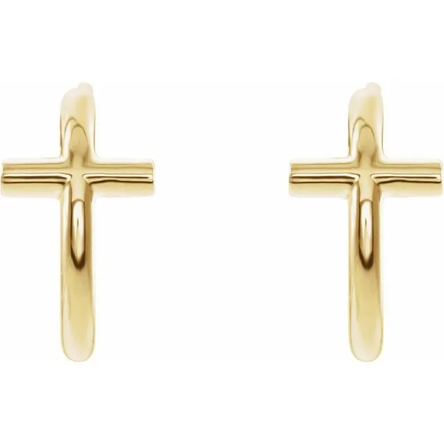 14K Yellow Gold 11.8 mm Cross Huggie Earrings