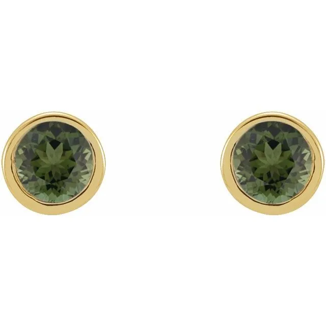 14K Yellow Gold 2.5 mm Round Natural Green Tourmaline Micro Bezel-Set Earrings