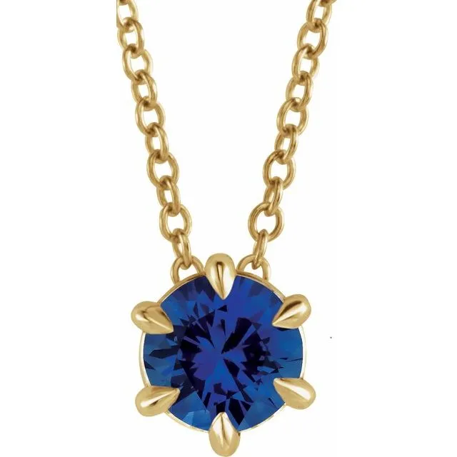 14K Yellow Gold 5 mm Natural Blue Sapphire Solitaire 16-18" Necklace