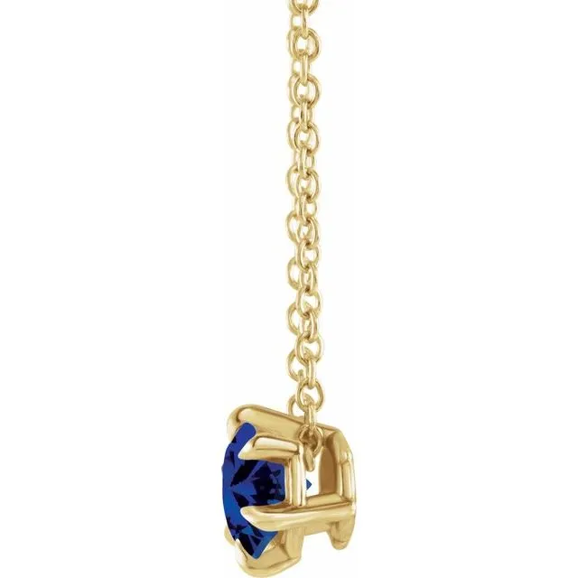 14K Yellow Gold 5 mm Natural Blue Sapphire Solitaire 16-18" Necklace