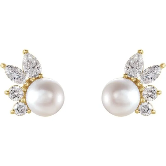 14K Yellow Gold Akoya Cultured Pearl & 1/2 CTW Diamond Earrings