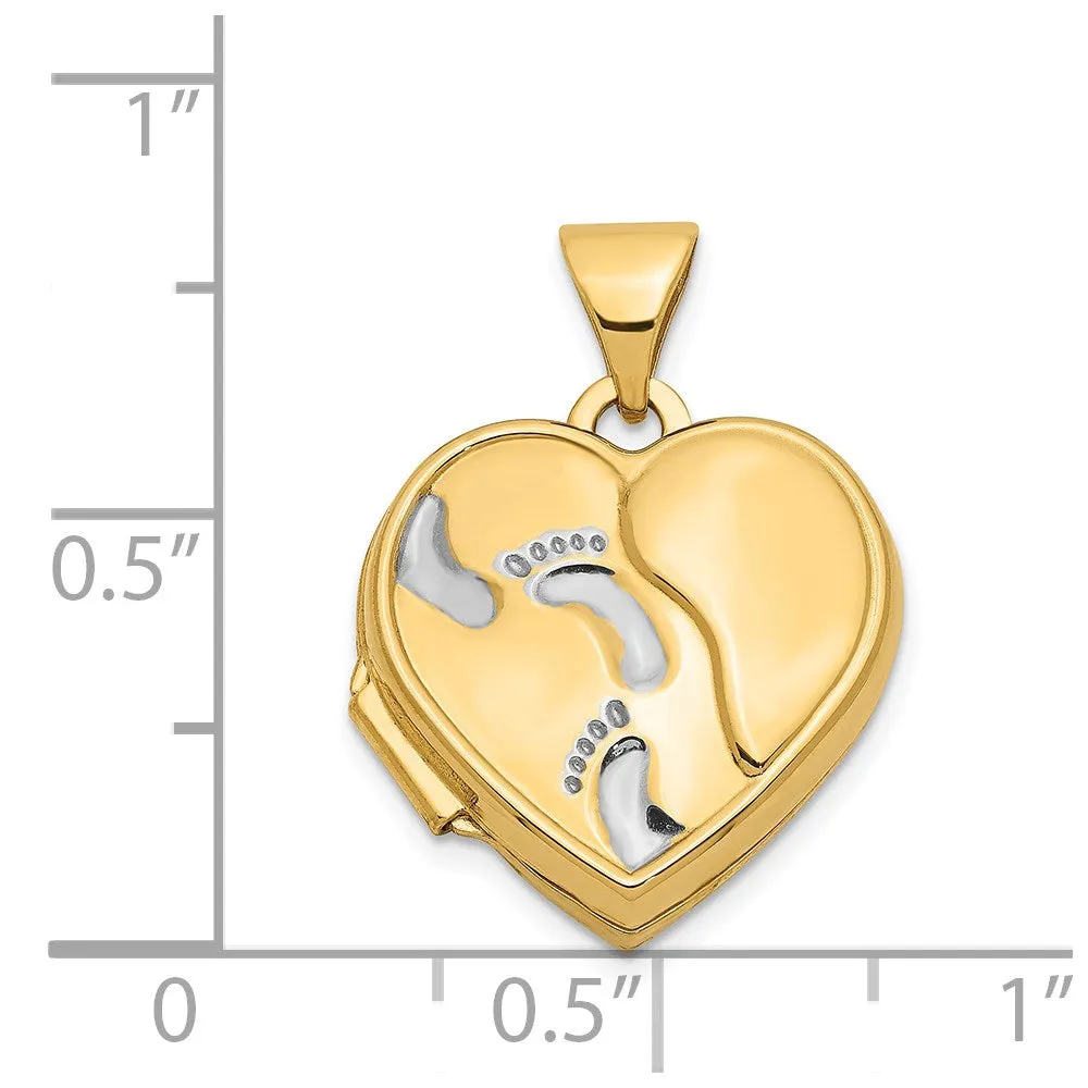 14k Yellow Gold & Rhodium w/ White Gold Rhodium 15mm Heart Foot Prints Locket