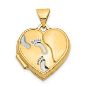 14k Yellow Gold & Rhodium w/ White Gold Rhodium 15mm Heart Foot Prints Locket