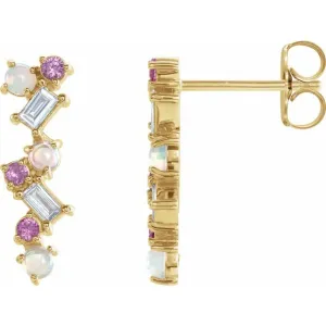 14K Yellow Gold Ethiopian Opal, Pink Sapphire & 1/10 CTW Diamond Scattered Bar Earrings