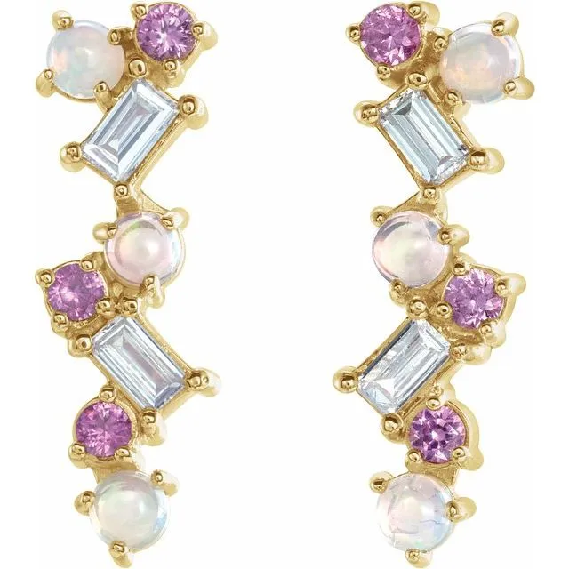14K Yellow Gold Ethiopian Opal, Pink Sapphire & 1/10 CTW Diamond Scattered Bar Earrings