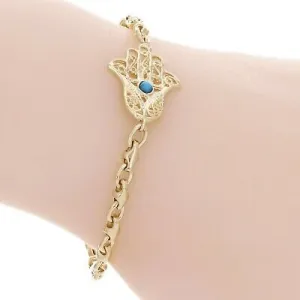 14k Yellow Gold Hamsa Hand of Fatima Charm Bracelet with Turquoise 8" 11 grams