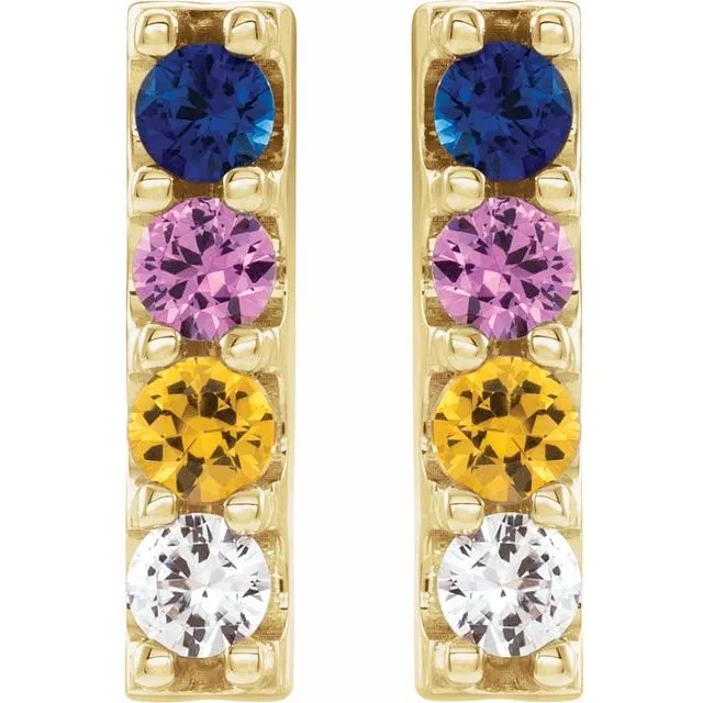 14K Yellow Gold Natural Multi-Gemstone Bar Earrings