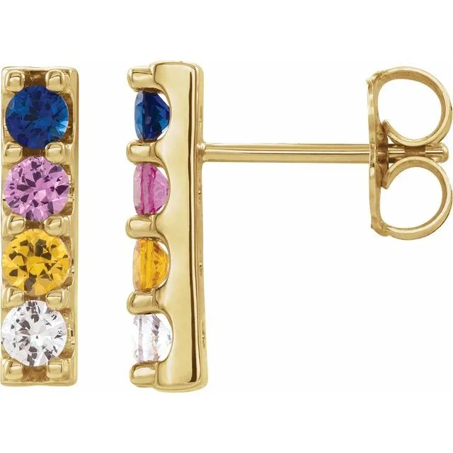 14K Yellow Gold Natural Multi-Gemstone Bar Earrings
