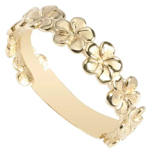 14K Yellow Gold Plumeria Lei Ring Sandblast Polish Edge 5mm