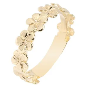 14K Yellow Gold Plumeria Lei Ring Sandblast Polish Edge 5mm