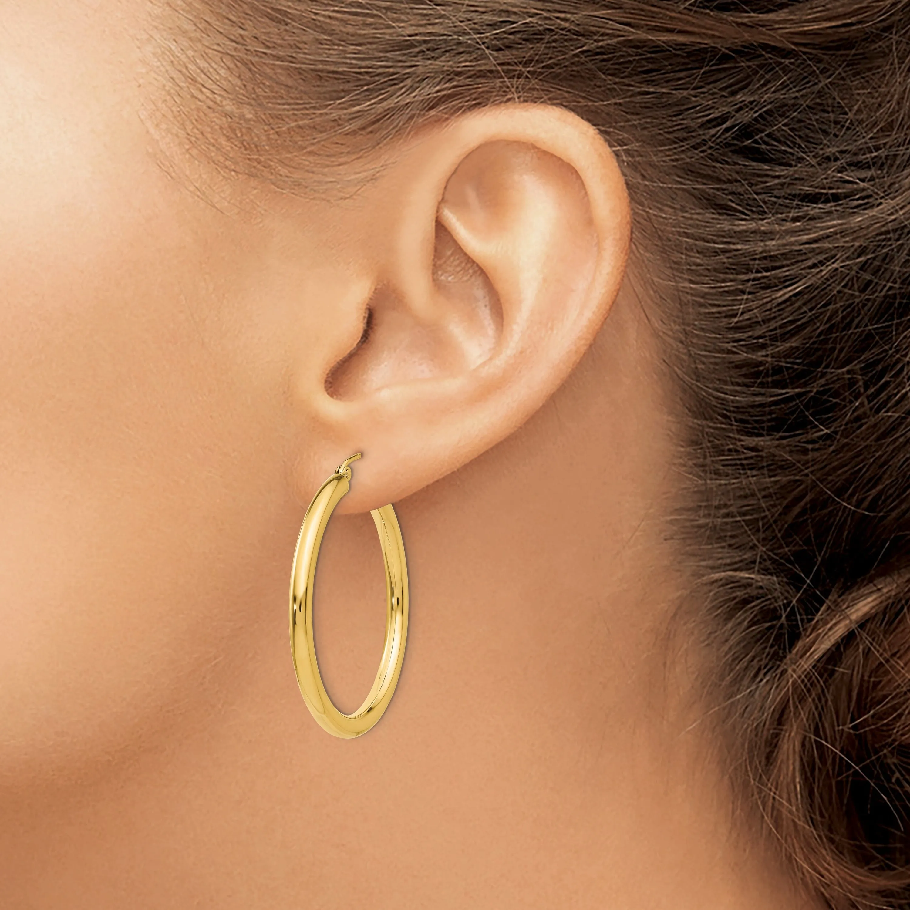 14k Yellow Gold Polished 3MM Round Hoop Earrings