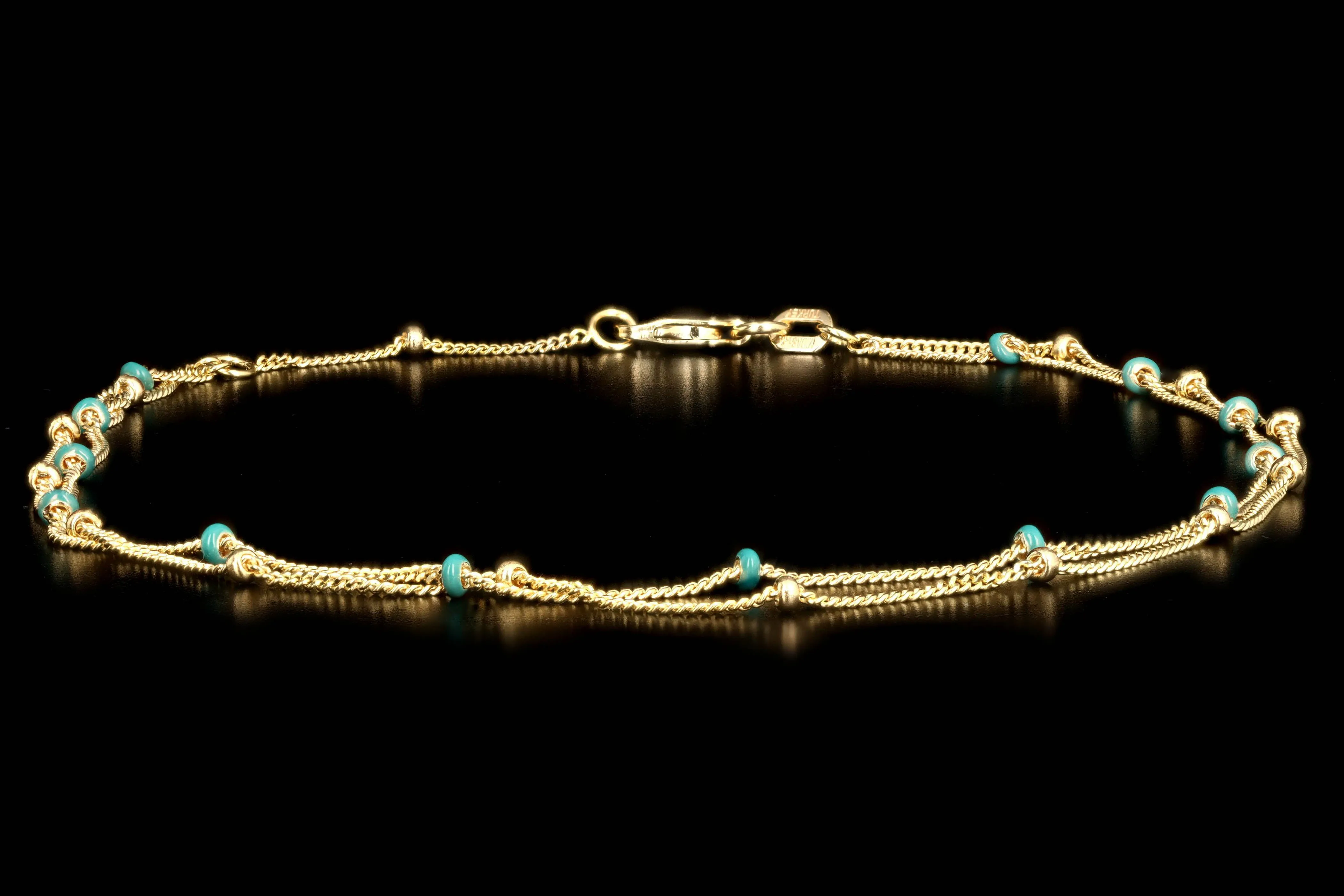 14K Yellow Gold Turquoise Enamel Station Double Strand Anklet
