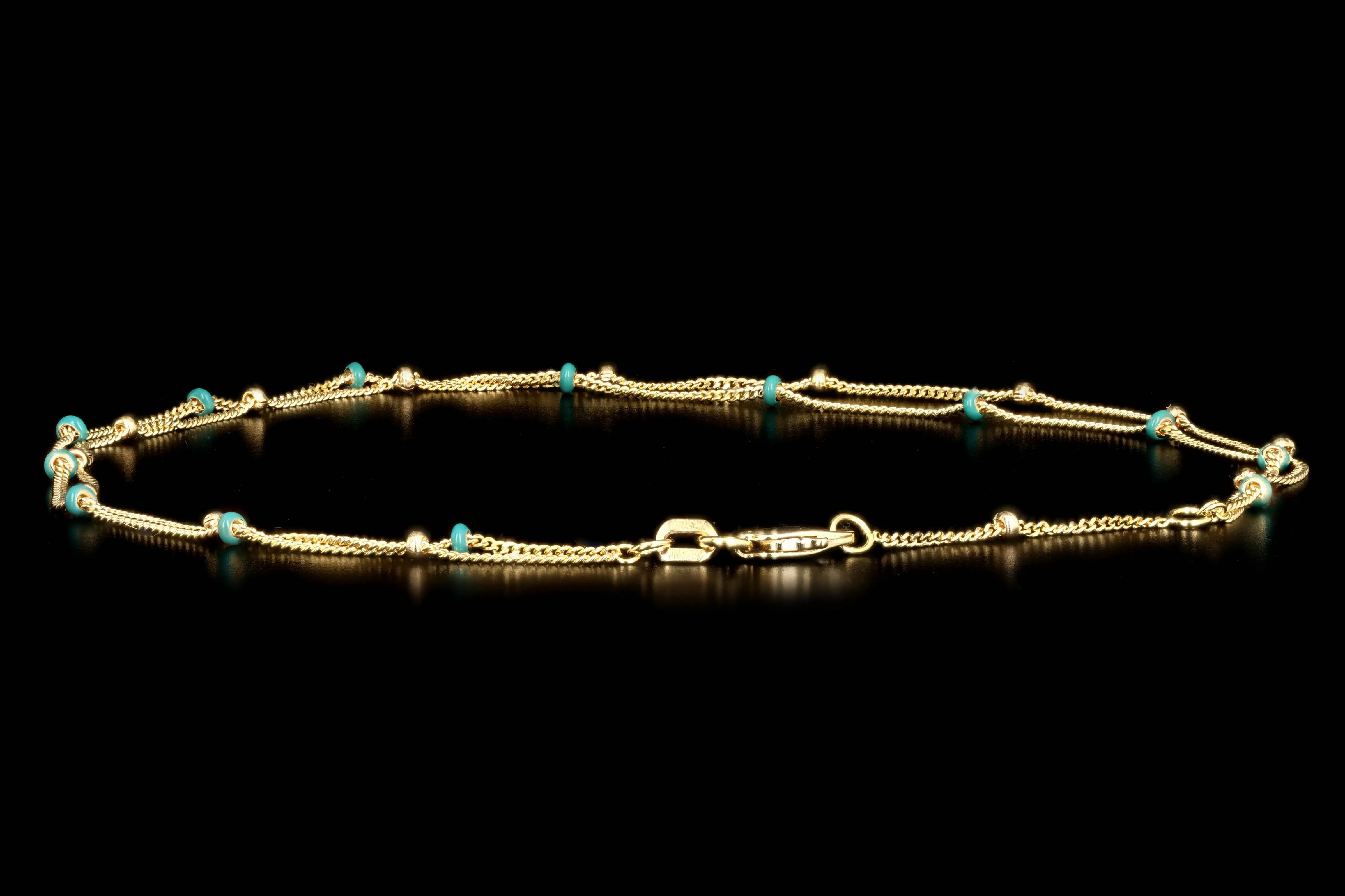 14K Yellow Gold Turquoise Enamel Station Double Strand Anklet