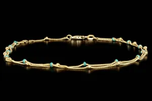 14K Yellow Gold Turquoise Enamel Station Double Strand Anklet