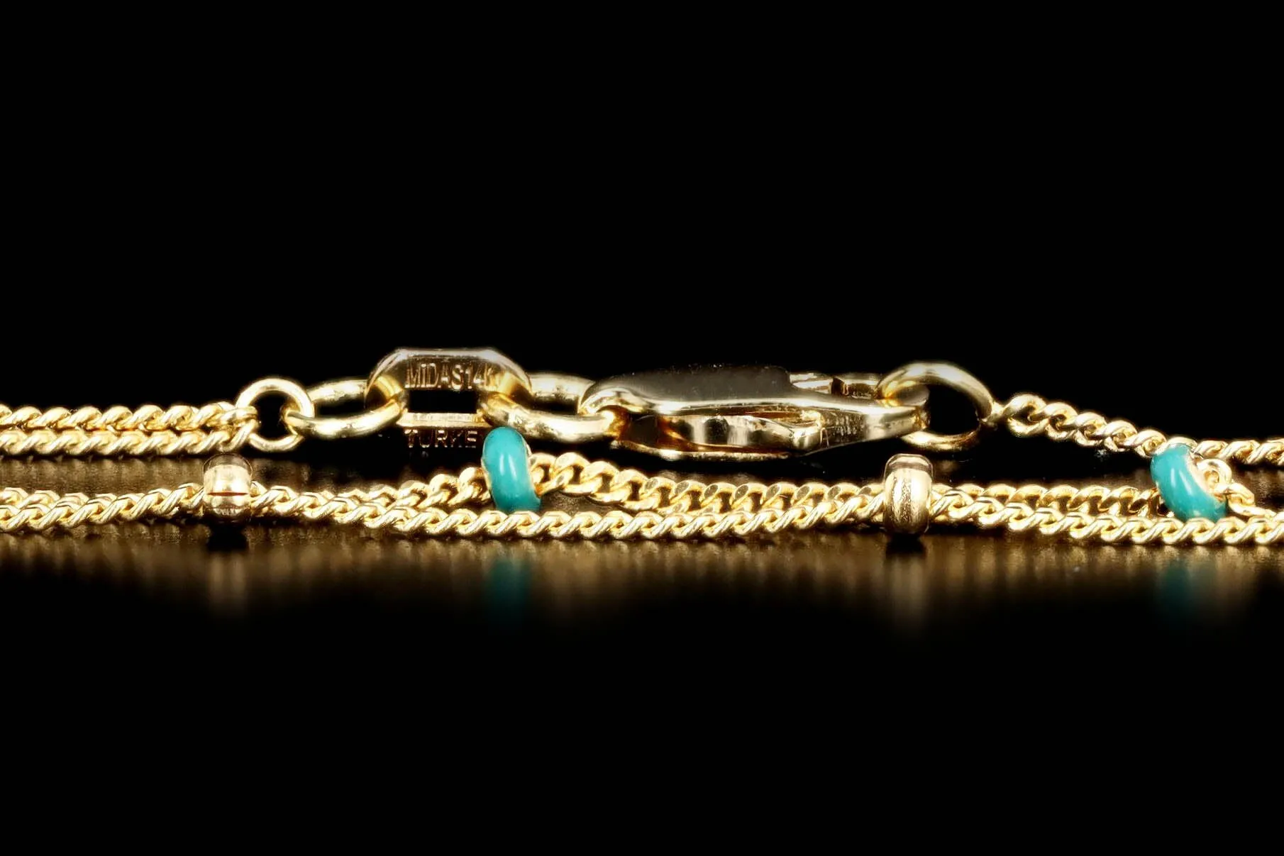 14K Yellow Gold Turquoise Enamel Station Double Strand Anklet
